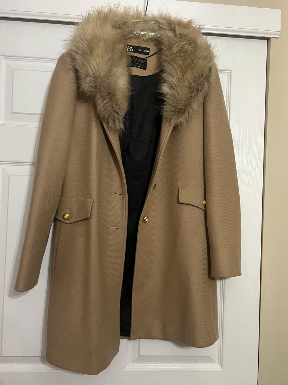 Zara Camel Pea Coat with Faux Fur Collar